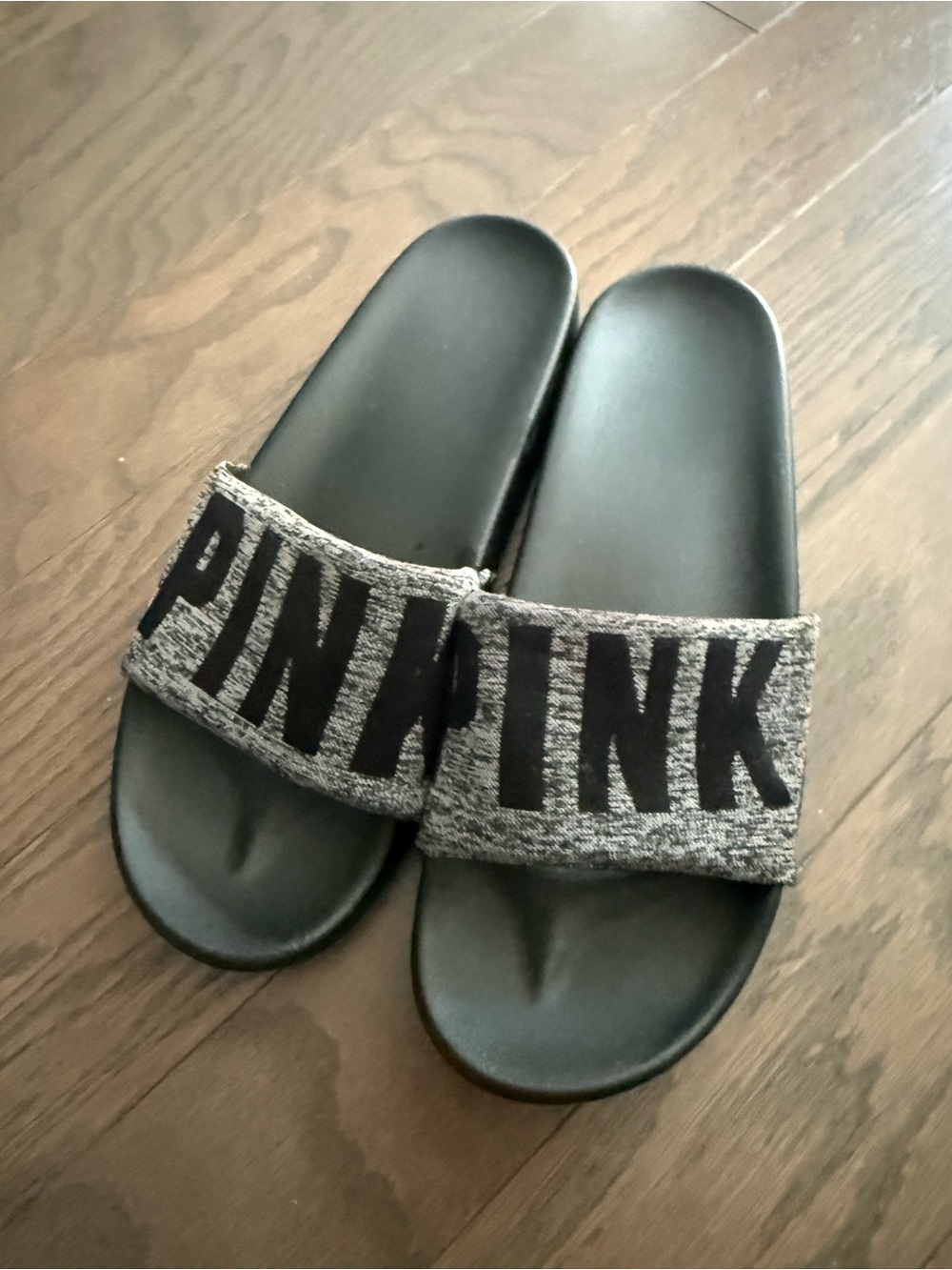 Victoria's Secret PINK Gray & Black Slides Sandals Sz large 9/10